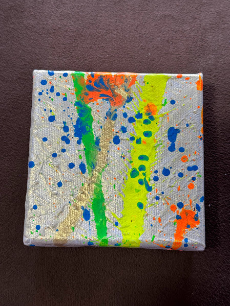 Neon Drip II: Silver Scatter — Original Abstract on Gallery Canvas (4"×4"×1")